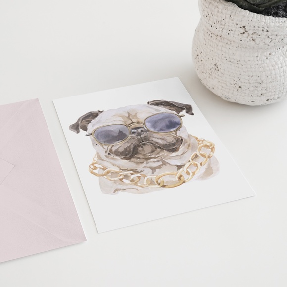 Watercolor Pug Pet Dog With Sunglasses Wall Art Illustration Print Poster Card U - Picture 5 of 7